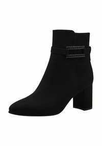 Botine negre din nubuc cu vârful ascuțit, toc bloc și două accente orizontale cu curele, decorate cu detalii din metal de culoare argintie.
