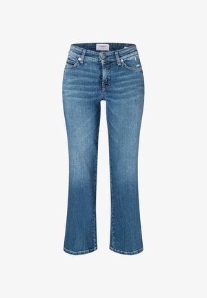 Jean en denim bleu à taille mi-haute avec légère décoloration, détails usés, fermeture à bouton et glissière, et coupe droite.