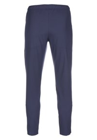 Navy stretchbroek met een elastische tailleband, slim fit en zijzakken. Gladde textuur en lichtgewicht materiaal. Ontworpen voor comfort en mobiliteit.
