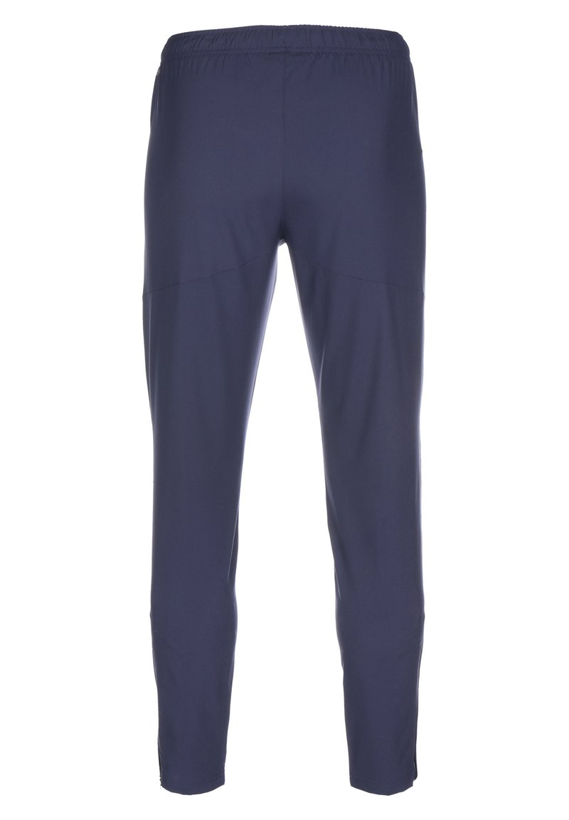 Pantaloni stretch navy con cintura elastica, taglio slim e tasche laterali. Tessuto morbido e materiale leggero. Progettati per il comfort e la mobilità.
