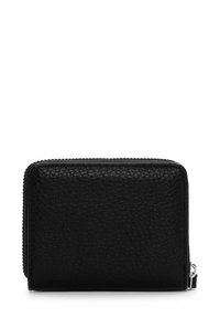 Black leather wallet with a textured surface, zip-around closure, rectangular shape, and silver-tone hardware accents.