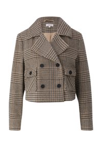 Przycięta, podwójnie zapinana marynarka w kratę w odcieniach brązu i kremu, z szerokim kołnierzem i dwoma przednimi kieszeniami zapinanymi na czarne guziki.