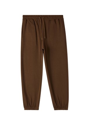 Pantaloni jogger marroni realizzati in tessuto morbido, dotati di vita elastica, cordino regolabile e polsini elastici alle caviglie.