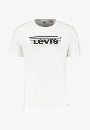 Biała koszulka z krótkim rękawem i okrągłym dekoltem, z prostokątnym logo w czarno-szare paski z napisem „Levi's” na piersi.