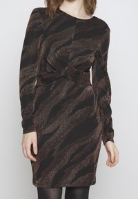 Schwarzes Kleid mit metallischem bronzefarbenem Zebra-Streifen, langen Ärmeln und taillierter Passform. Der Stoff hat eine weiche Textur und einen leichten Glanz.