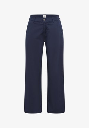 Marineblauwe wijde broek met een gladde textuur, een knoopsluiting aan de voorkant en zijzakken. Gemaakt van een duurzame stof voor dagelijks gebruik.