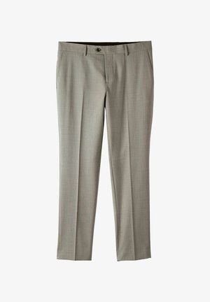 Lichgrijze broek gemaakt van textuurstof, met een vlakke voorkant, zijzakken en een enkele knoopsluiting bij de taille.