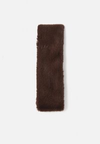 Brown faux fur headband, rectangular shape, soft texture, smooth surface, featuring dense fur and clean edges.