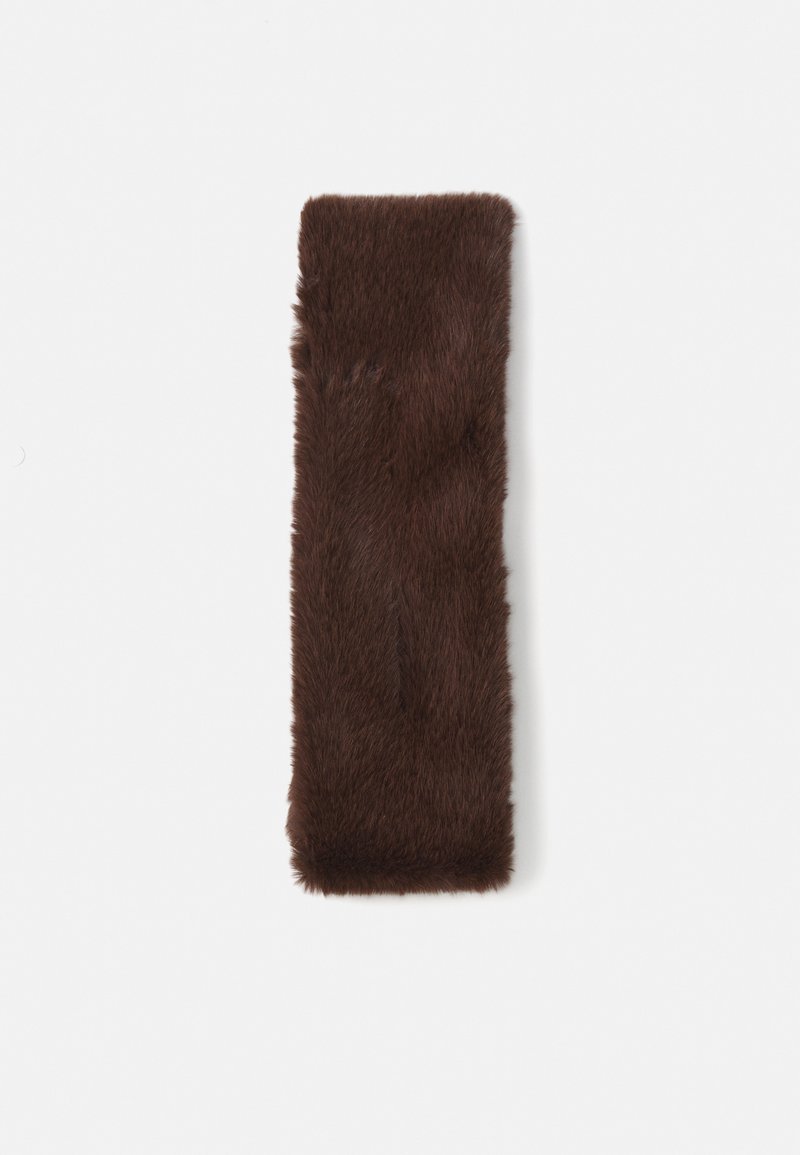 Brown faux fur headband, rectangular shape, soft texture, smooth surface, featuring dense fur and clean edges.