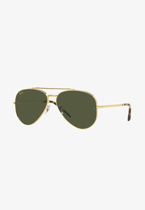 Occhiali da sole Ray-Ban modello pilota con montatura in metallo dorato, lenti verde scuro e dettagli in tartaruga sulle asticelle. Naselli regolabili.