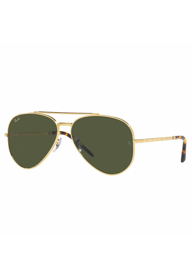 Occhiali da sole Ray-Ban modello pilota con montatura in metallo dorato, lenti verde scuro e dettagli in tartaruga sulle asticelle. Naselli regolabili.