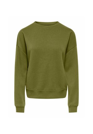 Sweat-shirt vert olive uni à manches longues avec col rond, poignets et taille côtelés, présenté sur fond blanc.