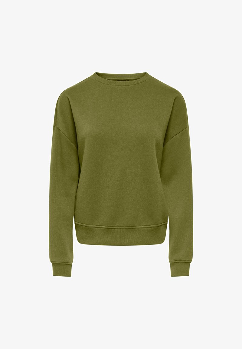 Sweat-shirt vert olive uni à manches longues avec col rond, poignets et taille côtelés, présenté sur fond blanc.