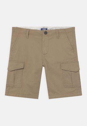 Pantaloni cargo beige in cotone, con due tasche laterali e due grandi tasche con patta, chiusura a bottone e passanti per cintura.