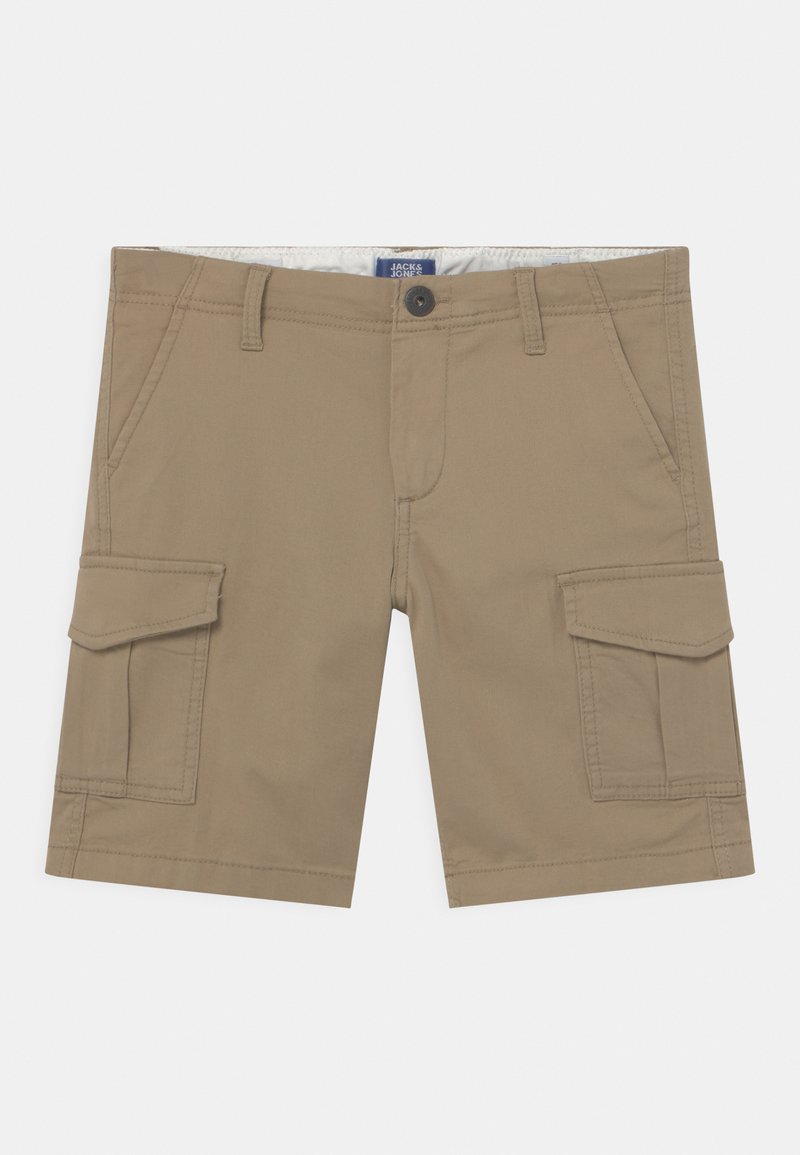Pantaloni cargo beige in cotone, con due tasche laterali e due grandi tasche con patta, chiusura a bottone e passanti per cintura.