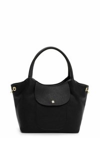 Sort struktureret læderhåndtaske med runde håndtag, frontlomme med låg og guldtonet knap, samt guldtonede metalringe på siderne.