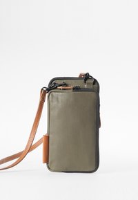 Olive green zippered pouch with a tan leather accent and shoulder strap, featuring a smooth texture and compact rectangular shape.