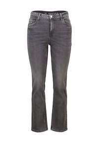 Jeans droits gris avec un design classique à cinq poches, fabriqués en tissu denim, présentant un léger délavage et des coutures contrastantes.