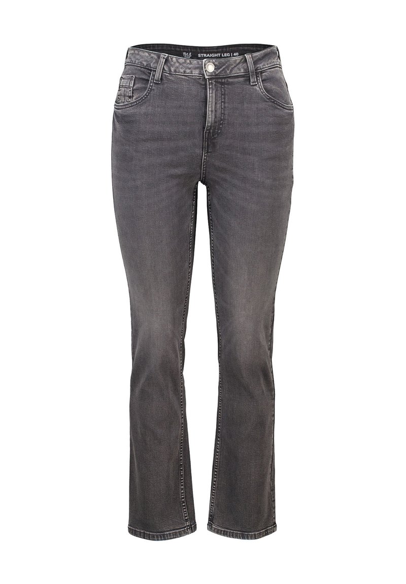 Jeans droits gris avec un design classique à cinq poches, fabriqués en tissu denim, présentant un léger délavage et des coutures contrastantes.
