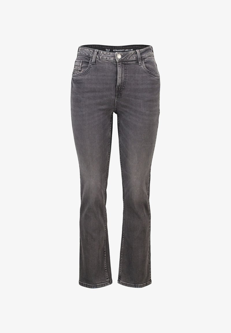 Grijze straight-leg jeans met een klassieke vijf-pocketontwerp, gemaakt van denimstof, met subtiele vervaging en contrasterende stiksels.