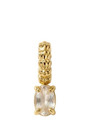 Goldener Ohrring mit strukturiertem Band und großem ovalen klar facettierten Edelstein, gehalten von vier goldenen Krappen.