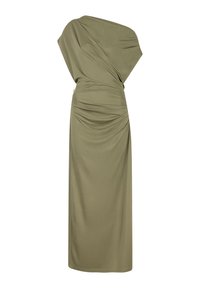 Olijfgroene, middellange jurk met gedrapeerde stof, asymmetrische halslijn en gegathered detailing aan de zijkant. Glad, lichtgewicht materiaal.