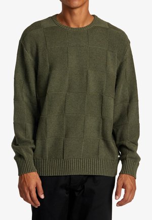 Suéter de punto verde oliva con un patrón cuadrado texturizado, puños y dobladillo de canalé. Fabricado con un material suave y duradero.