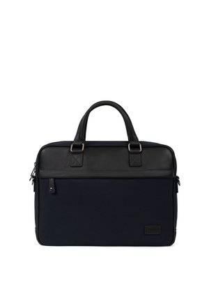 Serviette noire et bleu marine avec poignées en cuir, poche avant zippée et forme rectangulaire pour transporter des documents ou un ordinateur portable.