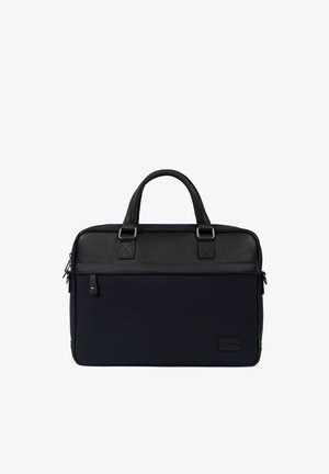 Serviette noire et bleu marine avec poignées en cuir, poche avant zippée et forme rectangulaire pour transporter des documents ou un ordinateur portable.