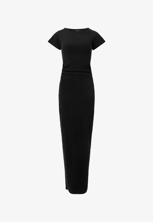 Robe maxi noire en tissu doux, avec un bodice ajusté, des manches courtes, un col rond et une silhouette allongée et épurée.