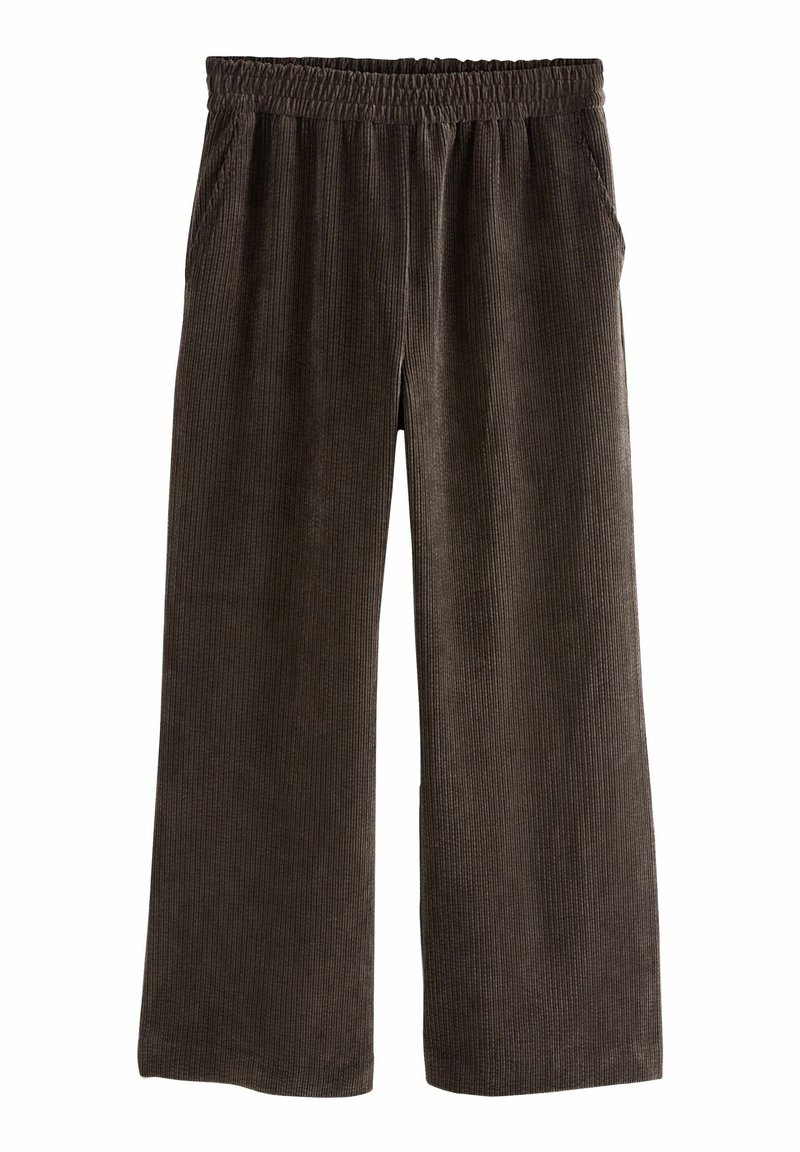 Pantalon large en velours côtelé marron foncé avec taille élastique et poches latérales, présenté à plat sur fond blanc.