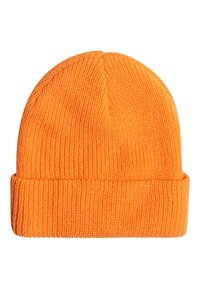 Pletená čiapka v jasne oranžovej farbe so zloženým lemom. Textúrovaný rebrovaný vzor po celej ploche. Navrhnutá pre teplo a pohodlie.