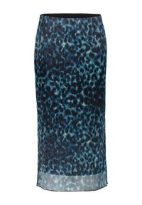 Falda lápiz de estampado de leopardo azul y negro con textura acanalada y un detalle de dobladillo transparente en la parte inferior. Diseño ajustado y cinturilla elástica.