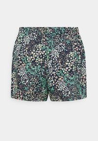 Shorts à motif floral sur fond bleu marine, avec des fleurs vertes, roses et blanches. Taille élastique, tissu léger.