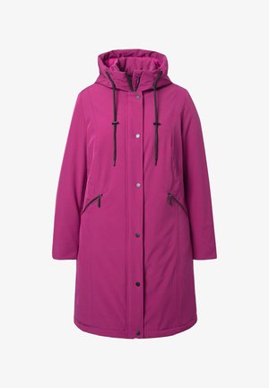 Magenta dlouhý zimní kabát s kapucí, vpředu na zacvaknutí, černými stahovacími šňůrkami a dvěma bočními kapsami na zip.