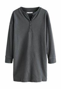Sweatshirt henley gris foncé avec un col rond, des manches longues et une patte de boutonnage à cinq boutons ; présente des poignets côtelés et une texture de fabric douce.