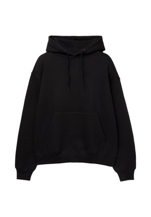 Sweatshirt noir à capuche avec poche avant, coupe ample, poignets et ourlet côtelés. Fabriqué en tissu épais, avec cordons de serrage à la capuche.