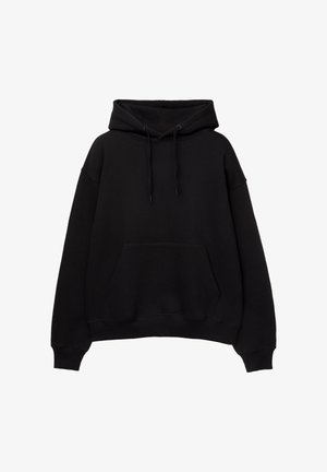 Schwarzer Kapuzenpullover mit einer vorderen Tasche, lockerer Passform, gerippten Bündchen und Saum. Hergestellt aus dickem Material, mit Kordeln an der Kapuze.