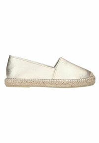 Metallisch gouden espadrille, zachte leren bovenkant met een ronde neus, jute touwzool en zijslits voor ventilatie.