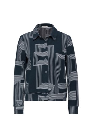 Giacca navy con un motivo geometrico a righe bianche, chiusura a bottoni, colletto e polsini e orlo a costine. Realizzata in tessuto testurizzato.