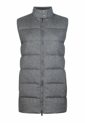 Gilet matelassé gris avec col montant, deux boutons de fermeture et fermeture éclair à l'avant. Présente un design matelassé et une texture lisse. Sans manches.