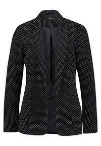Czarna marynarka w białe kropki, z długimi rękawami i klapami. Gładki materiał o dopasowanym kroju, z otwartym przodem.