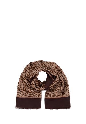 Bruine sjaal met donkerbruine, onregelmatige geometrische patronen en effen donkerbruine, gefransde uiteinden, opgevouwen in een lus op een witte achtergrond.