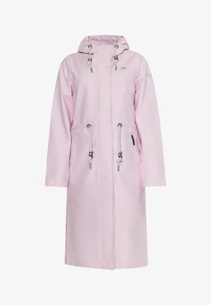 Svijetlo ružičasti vodootporni kaput s kapuljačom, strukom na vezanje, prednjim patentnim zatvaračem i dva bočna džepa. Glatka tekstura s reflektirajućim detaljima.