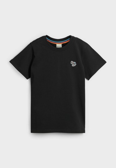 T-shirt nera in cotone con maniche corte e scollatura rotonda. Presenta un piccolo logo di una zebra ricamato sul petto e un colletto interno multicolore.
