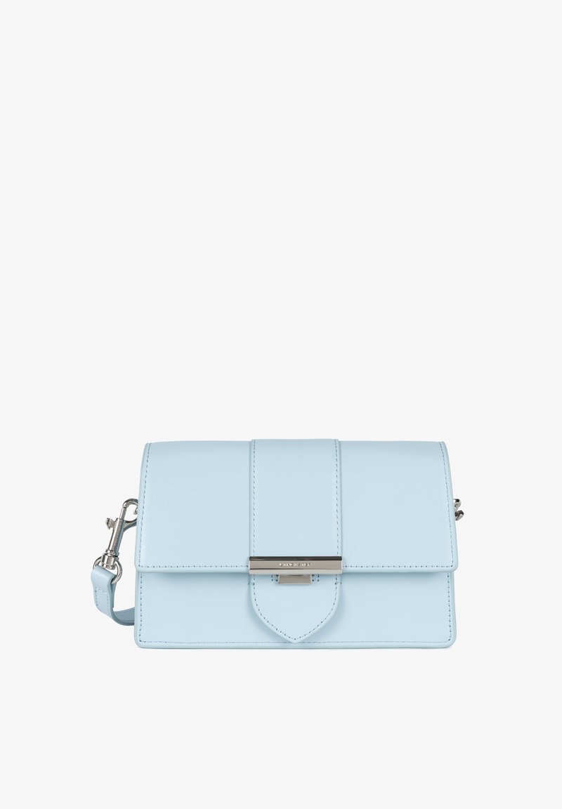 Light blue leather crossbody bag with a front flap, silver hardware, and decorative stitching. Features a removable shoulder strap.