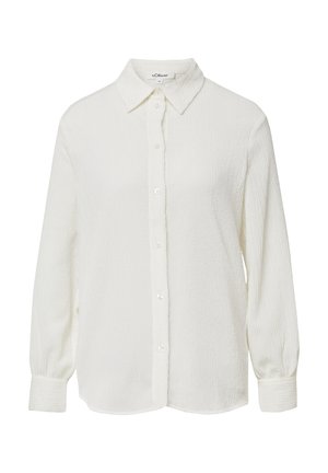 Langärmlige weiße strukturierte Bluse mit Knopfleiste, spitzem Kragen und geknöpften Ärmeln, Größe 36, von der Marke s.Oliver.