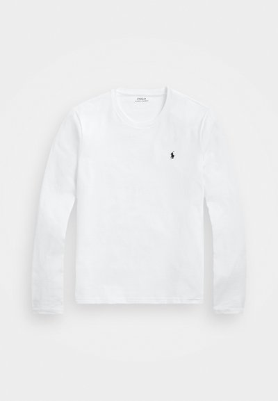 White long-sleeve t-shirt made of cotton. Features a round neckline and a small black polo logo on the left chest area.