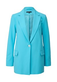Veste turquoise à simple boutonnage avec revers à encoche, un bouton blanc, manches longues, deux poches avant à rabat et doublure en satin.