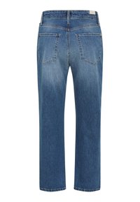 Vista posteriore di jeans denim blu a gamba dritta con due tasche posteriori, passanti per cintura e una piccola toppa rettangolare sulla cinturina.